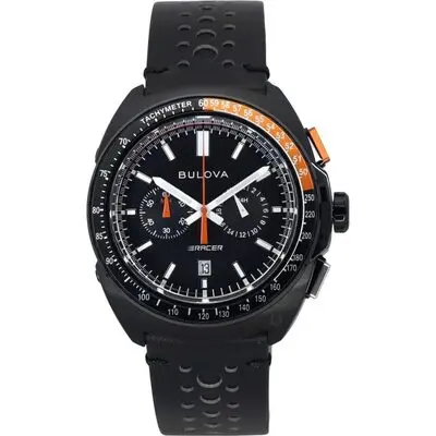 Bulova Racer Chronograph Leather Strap Black Dial Quartz 98B428 100M Men's Watch