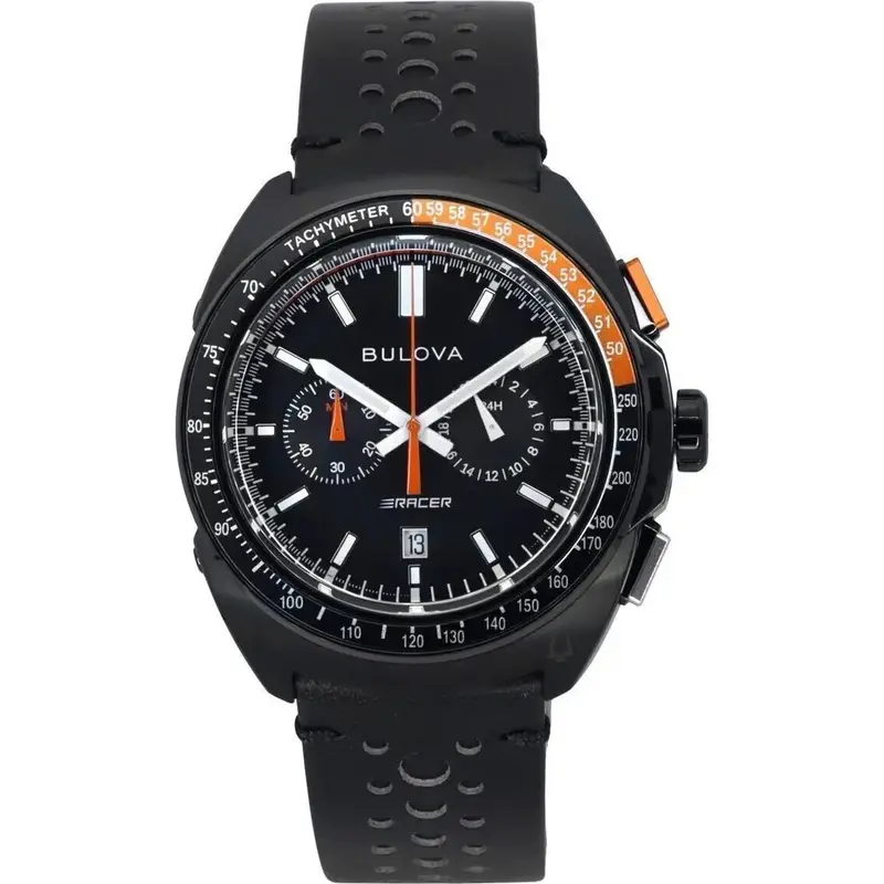 Bulova Racer Chronograph Leather Strap Black Dial Quartz 98B428 100M Men's Watch