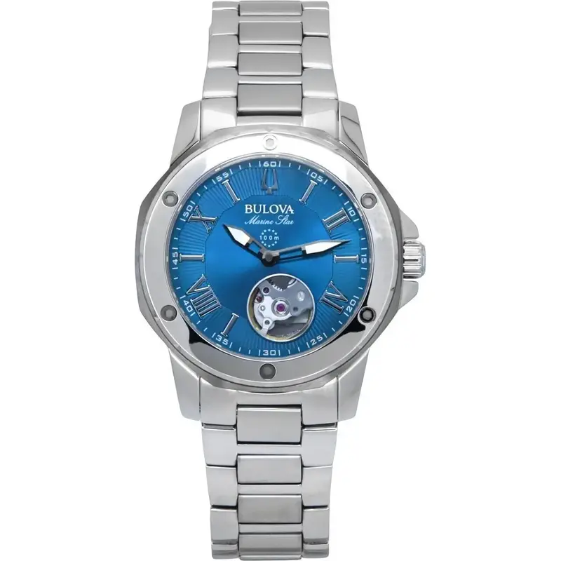 Bulova Marine Star Stainless Steel Open Heart Blue Dial Automatic 98L317 100M Women's Watch