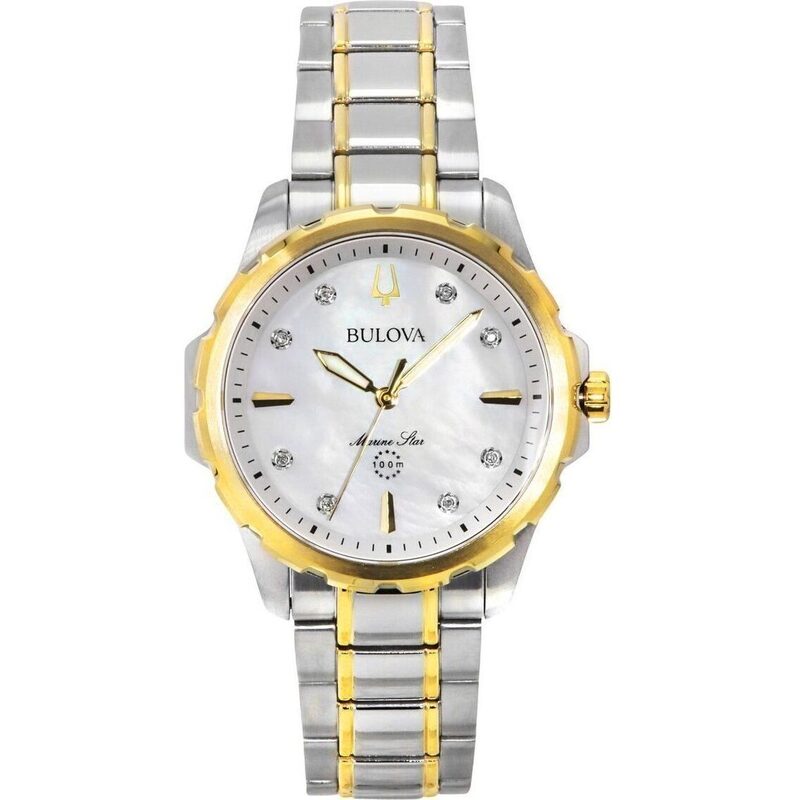 Bulova Marine Star Two Tone Stainless Steel Diamond Accents Mother Of Pearl Dial Quartz 98P227 100M Women's Watch