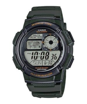 Casio Sport Diver - World Time Illuminator 5 Alarms. 10 Years Battery - Army Green (AE-1000W-3AVDF) Men's Watch