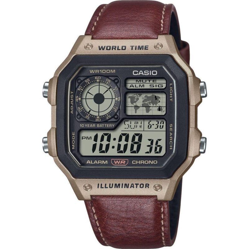 Casio Standard Digital World Time Leather Strap Quartz AE-1200WHL-5AV 100M Men's Watch Casio Standard Digital World Time Leather Strap Quartz AE-1200WHL-5AV 100M Men's Watch