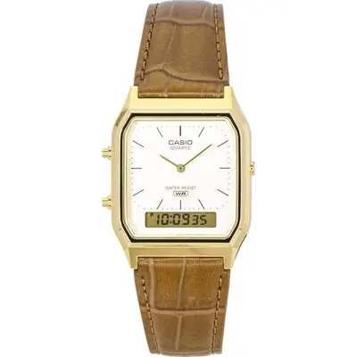 Casio Vintage Analog Digital Leather Strap Gold Dial Quartz Aq-230egl-9a Unisex Watch