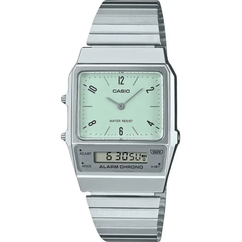 Casio Vintage Analog Digital Dual Time Stainless Steel Bracelet Green Dial Quartz AQ-800E-3A Unisex Watch