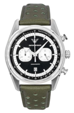 Emporio Armani Chronograph Green Leather Black And Silver Dial Quartz AR11709 Men's Watch