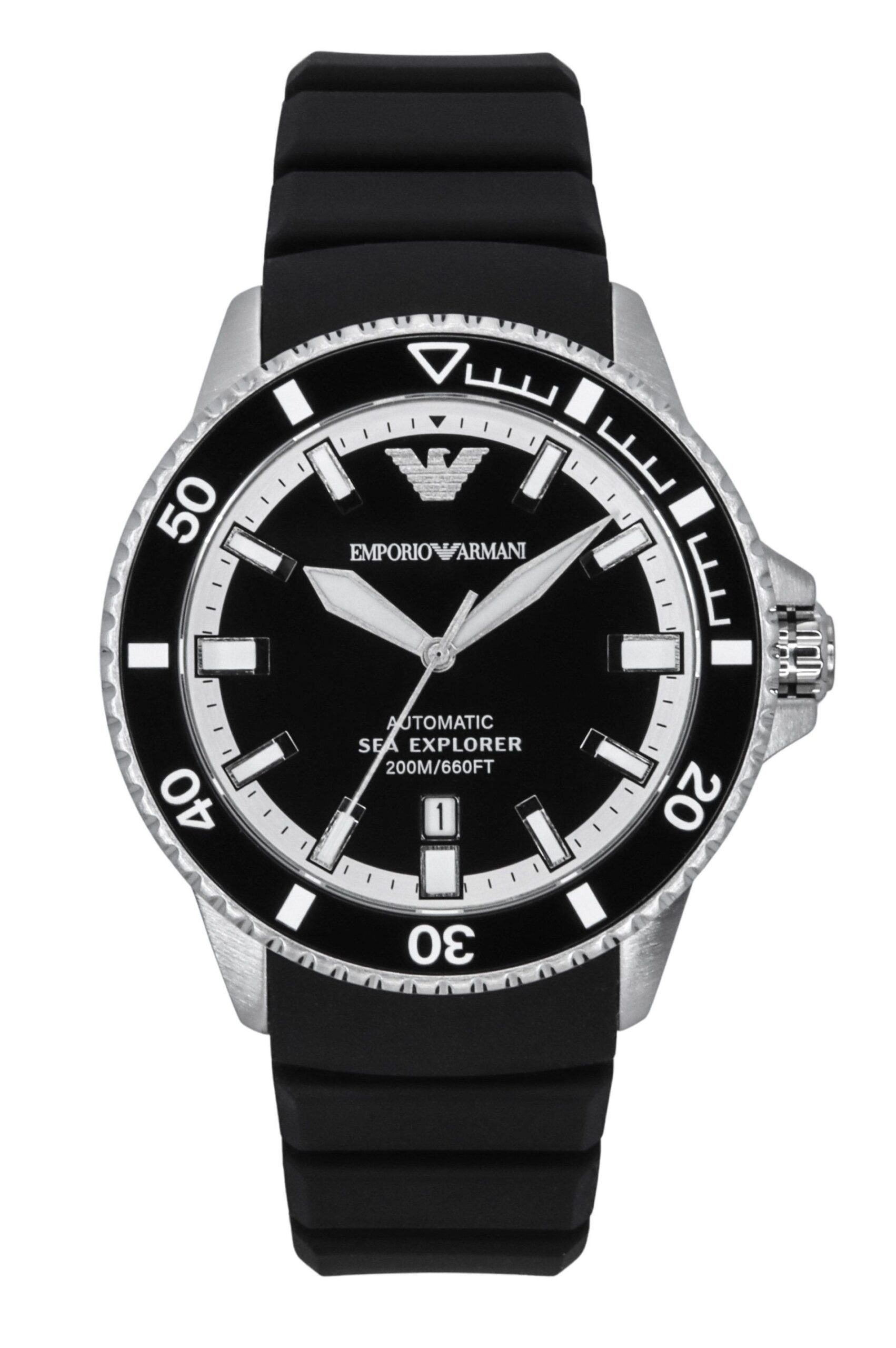 Emporio Armani Sea Explorer Silicone Strap Black Dial Automatic Diver's AR60078 200M Men's Watch