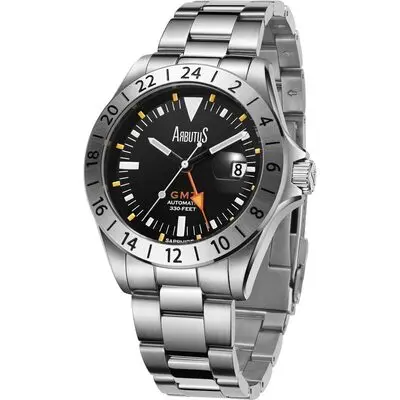 Arbutus Limited Edition GMT Stainless Steel Black Dial Automatic AR9922SBS 100M Men's Watch