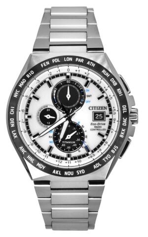 Citizen Eco-Drive Radio Controlled GMT Chronograph Super Titanium Silver Dial AT8238-84A 100M Men's Watch