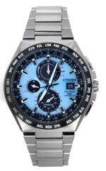 Citizen Eco-Drive Radio Controlled GMT Chronograph Super Titanium Light Blue Dial AT8238-84M 100M Men's Watch