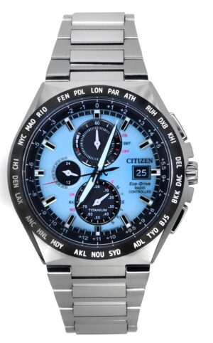Citizen Eco-Drive Radio Controlled GMT Chronograph Super Titanium Light Blue Dial AT8238-84M 100M Men's Watch