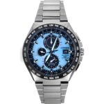 Citizen Eco-Drive Radio Controlled GMT Chronograph Super Titanium Light Blue Dial AT8238-84M 100M Men's Watch
