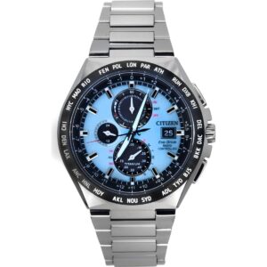 Citizen Eco-Drive Radio Controlled GMT Chronograph Super Titanium Light Blue Dial AT8238-84M 100M Men's Watch