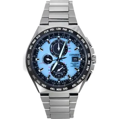 Citizen Eco-Drive Radio Controlled GMT Chronograph Super Titanium Light Blue Dial AT8238-84M 100M Men's Watch