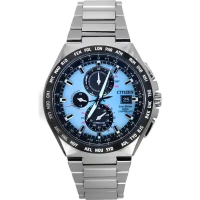 Citizen Eco-Drive Radio Controlled GMT Chronograph Super Titanium Light Blue Dial AT8238-84M 100M Men's Watch Citizen Eco-Drive Radio Controlled GMT Chronograph Super Titanium Light Blue Dial AT8238-84M 100M Men's Watch