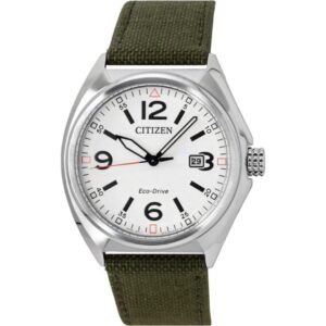 Citizen Eco-Drive Green Nylon Strap White Dial AW1571-09A 100M Men's Watch