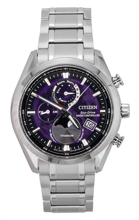 Citizen Tsuki-yomi A-T Moon Phase Titanium Purple Dial Eco-Drive BY1010-81Z 100M Men's Watch