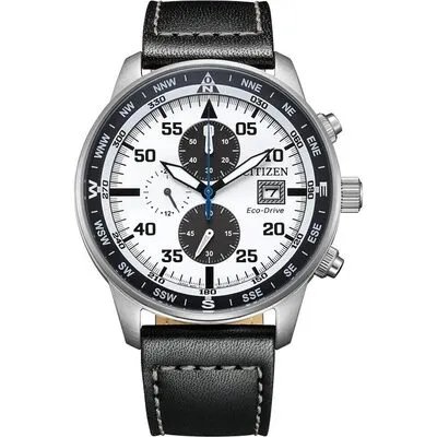 Citizen Eco-Drive Aviator Chronograph Leather Strap White Dial CA0880-07A 100M Men's Watch