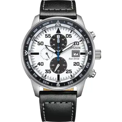 Citizen Eco-Drive Aviator Chronograph Leather Strap White Dial CA0880-07A 100M Men's Watch