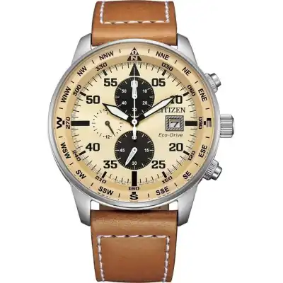 Citizen Eco-Drive Aviator Chronograph Leather Strap Beige Dial CA0880-15X 100M Men's Watch