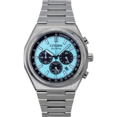 Citizen Zenshin Chronograph Super Titanium Ice Blue Dial Eco-Drive CA4610-85M 100M Men's Watch