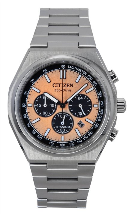 Citizen Zenshin Chronograph Super Titanium Salmon Dial Eco-Drive CA4610-85Z 100M Men's Watch