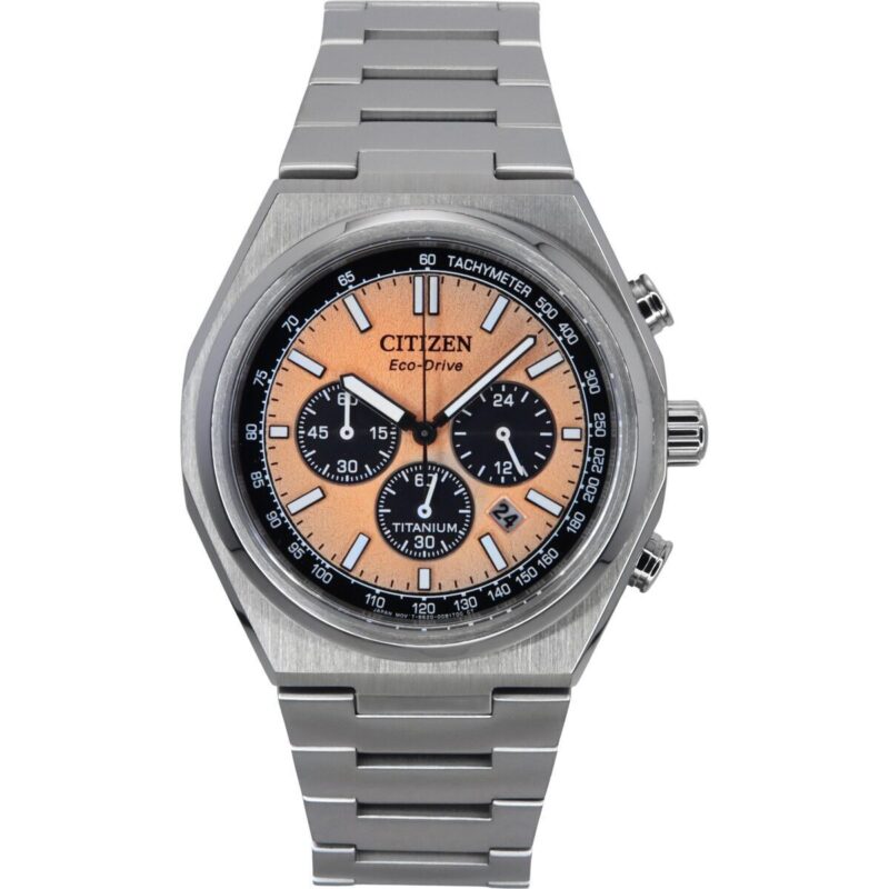 Citizen Zenshin Chronograph Super Titanium Salmon Dial Eco-Drive CA4610-85Z 100M Men's Watch