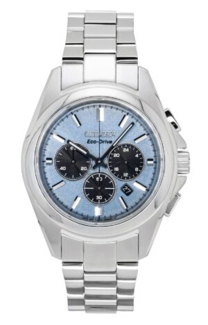 Citizen Sport Luxury Chronograph Stainless Steel Light Blue Dial Eco-Drive CA4680-55L 100M Men's Watch