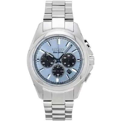Citizen Sport Luxury Chronograph Stainless Steel Light Blue Dial Eco-Drive CA4680-55L 100M Men's Watch