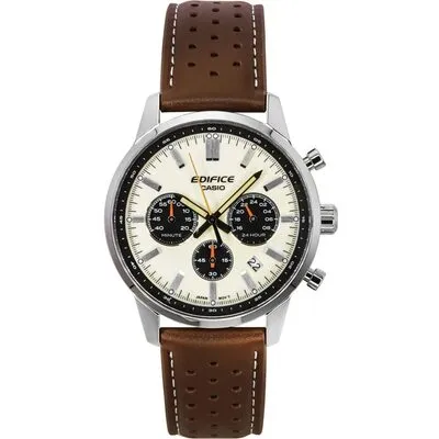 Casio Edifice Analog Chronograph Leather Strap Cream Dial Quartz EFR-575L-7A 100M Men's Watch