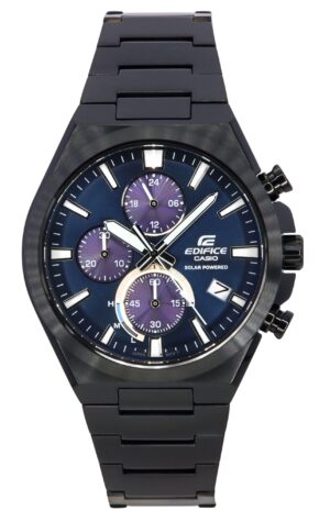 Casio Edifice Analog Chronograph Black Ion Plated Stainless Steel Blue Dial Solar EQS-950DC-2A 100M Men's Watch