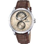 Festina Retro Leather Strap Multifunction Beige Dial Quartz F16573-9 Men's Watch