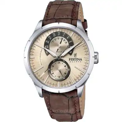 Festina Retro Leather Strap Multifunction Beige Dial Quartz F16573-9 Men's Watch