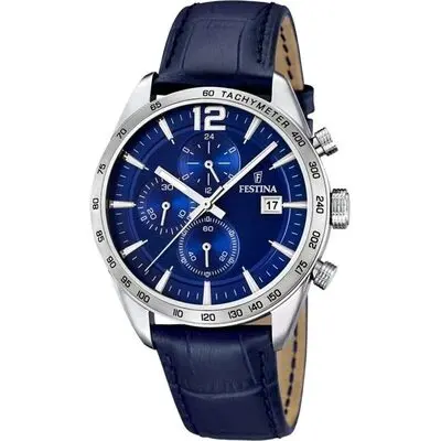 Festina Timeless Chronograph Leather Strap Blue Dial Quartz F16760-3 Men's Watch