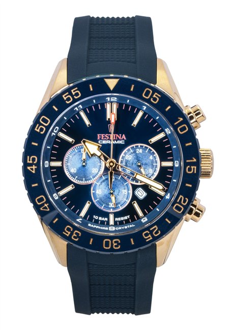Festina Ceramic Chronograph Rubber Strap Blue Dial Quartz F20516-1 100M Men's Watch