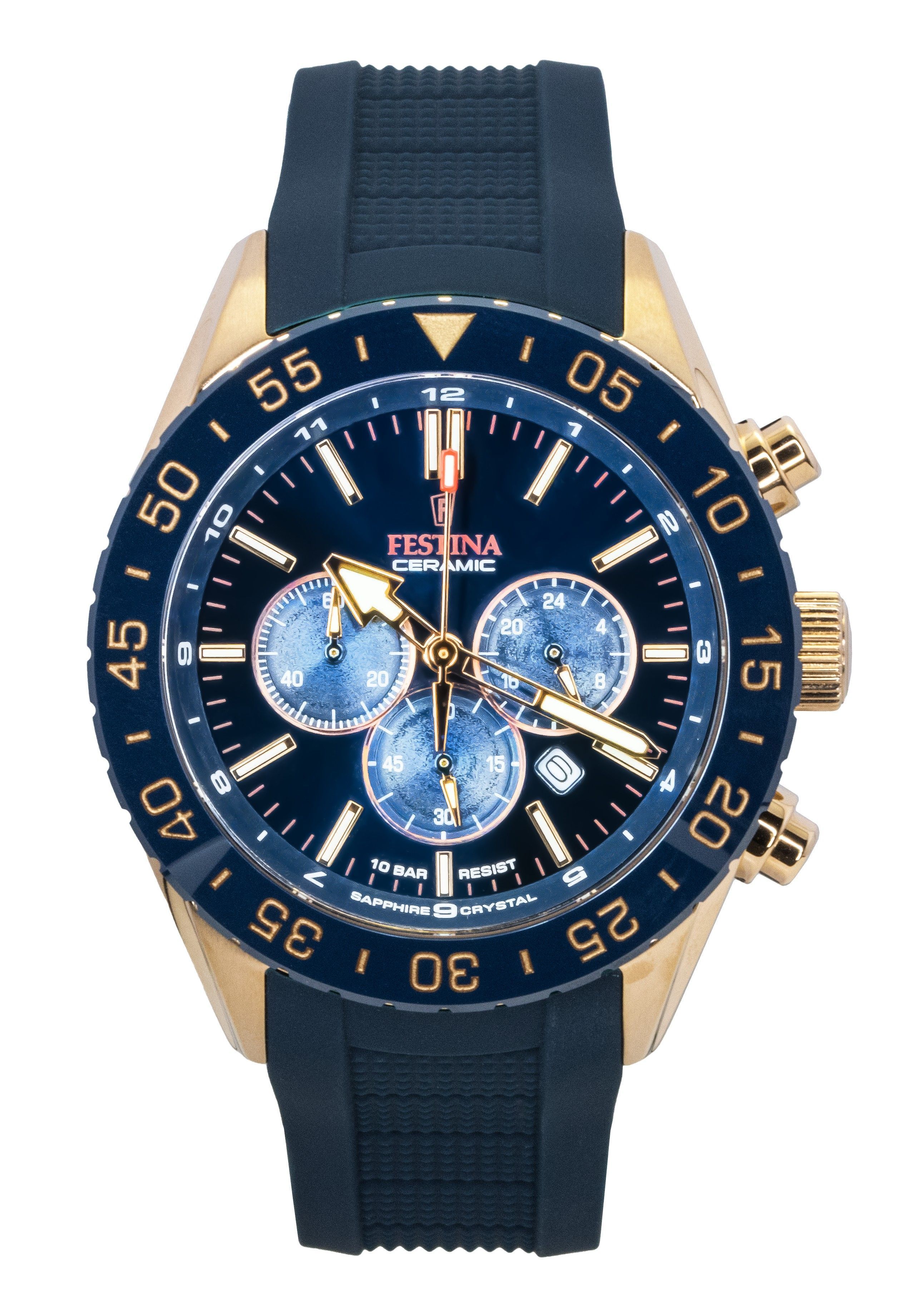 Festina Ceramic Chronograph Rubber Strap Blue Dial Quartz F20516-1 100M Men's Watch