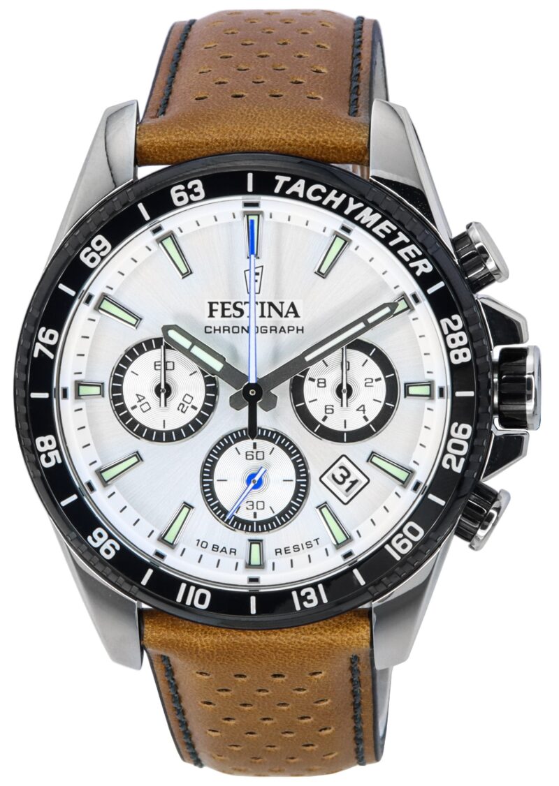 Festina Timeless Chronograph Leather Strap White Dial F20561-1 F205611 100M Men's Watch
