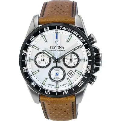 Festina Timeless Chronograph Leather Strap White Dial F20561-1 F205611 100M Men's Watch