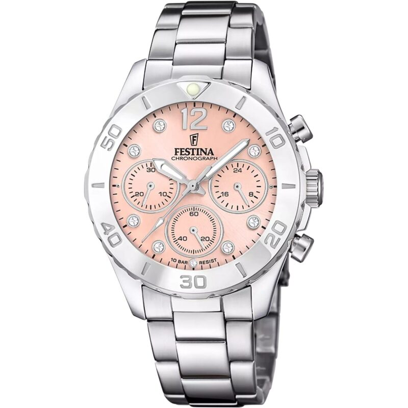 Festina Boyfriend Chronograph Crystal Accents Pink Dial Quartz F20603-7 100M Women's Watch Festina Boyfriend Chronograph Crystal Accents Pink Dial Quartz F20603-7 100M Women's Watch
