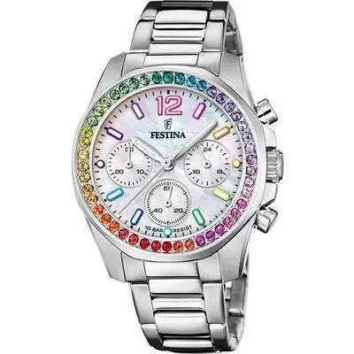 Festina Rainbow Chronograph Stainless Steel Crystal Accents Silver Dial Quartz F20606-2 100M Women's Watch