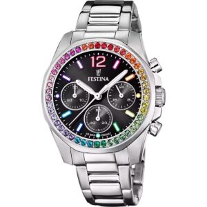 Festina Rainbow Chronograph Crystal Accents Stainless Steel Black Dial Quartz F20606-3 100M Women's Watch