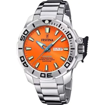 Festina The originals Stainless Steel Orange Dial Quartz Diver's F20665-5 200M Men's Watch