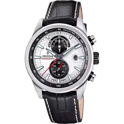 Festina Timeless Chronograph Leather Strap Silver Dial Quartz F20695-1 100M Men's Watch