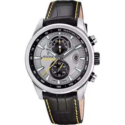Festina Timeless Chronograph Leather Strap Grey Dial Quartz F20695-4 100M Men's Watch