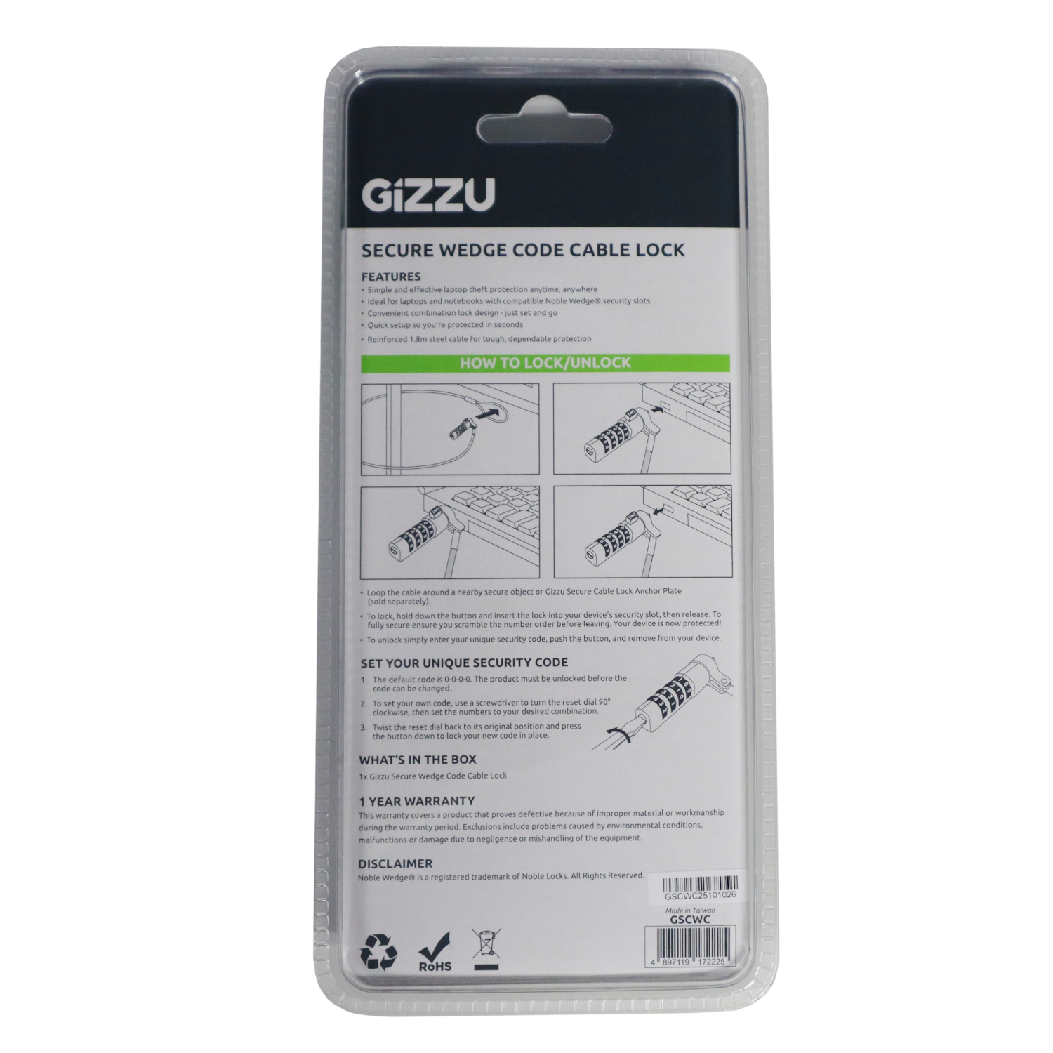 Gizzu Secure Wedge Code Cable Lock 1.8m - Image 3