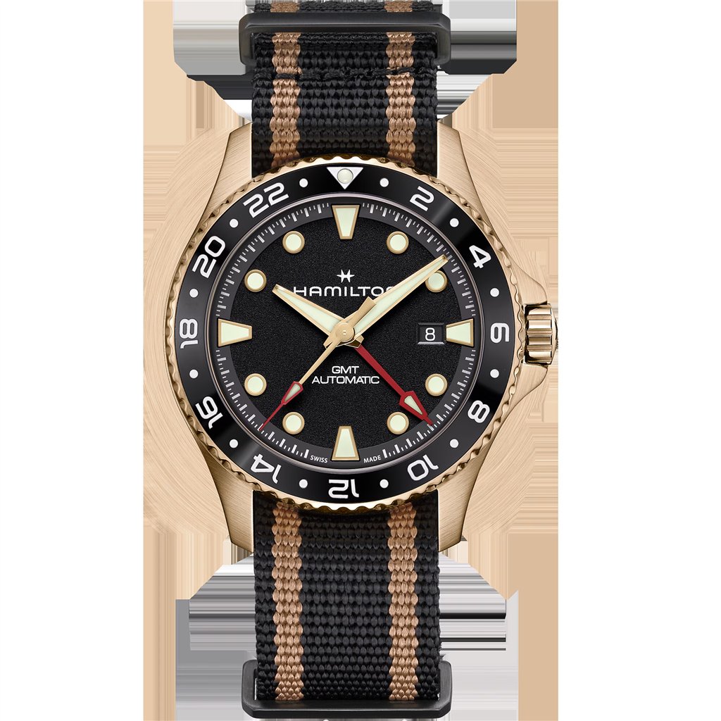 Hamilton Khaki Navy Scuba Auto GMT Bronze – 43mm Men’s Swiss Automatic Diver Watch with Black Ceramic Bezel and Grained Black Dial on Black-Gold NATO Strap (H82565930)