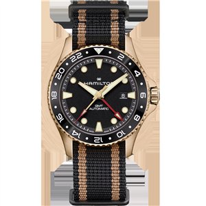 Hamilton Khaki Navy Scuba Auto GMT Bronze – 43mm Men’s Swiss Automatic Diver Watch with Black Ceramic Bezel and Grained Black Dial on Black-Gold NATO Strap (H82565930)