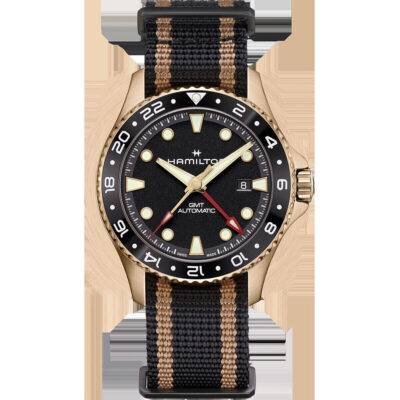 Hamilton Khaki Navy Scuba Auto GMT Bronze – 43mm Men’s Swiss Automatic Diver Watch with Black Ceramic Bezel and Grained Black Dial on Black-Gold NATO Strap (H82565930)