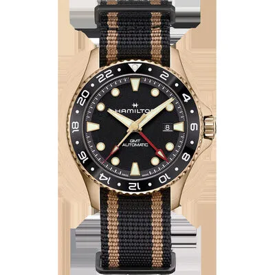 Hamilton Khaki Navy Scuba Auto GMT Bronze – 43mm Men’s Swiss Automatic Diver Watch with Black Ceramic Bezel and Grained Black Dial on Black-Gold NATO Strap (H82565930)