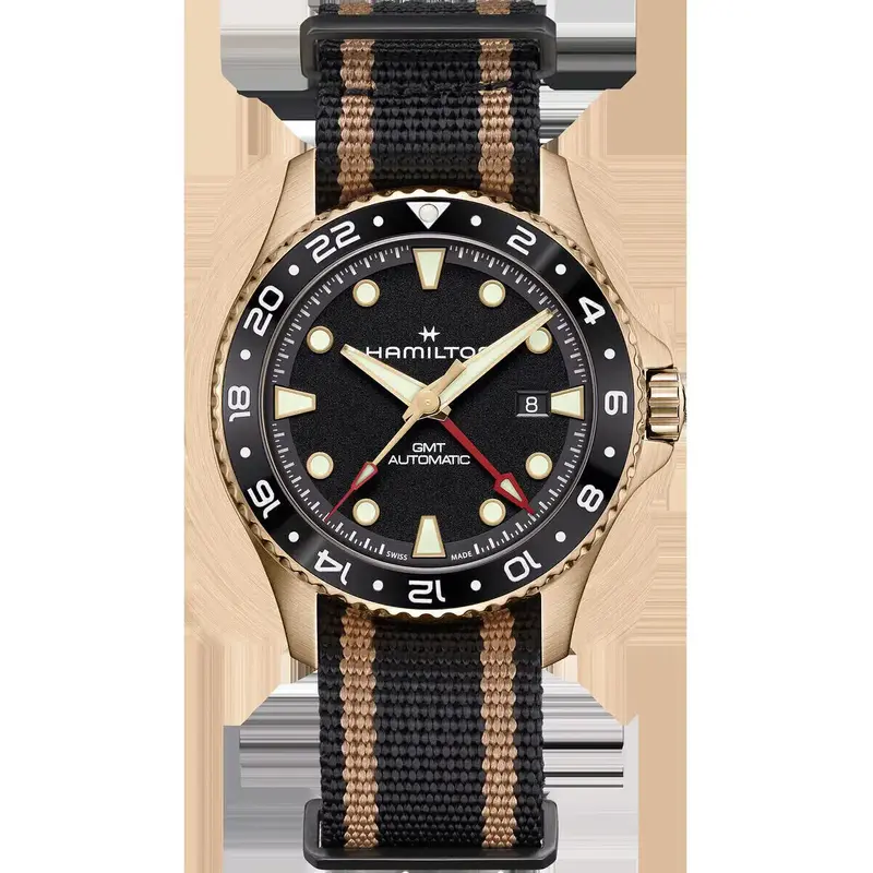 Hamilton Khaki Navy Scuba Auto GMT Bronze – 43mm Men’s Swiss Automatic Diver Watch with Black Ceramic Bezel and Grained Black Dial on Black-Gold NATO Strap (H82565930)