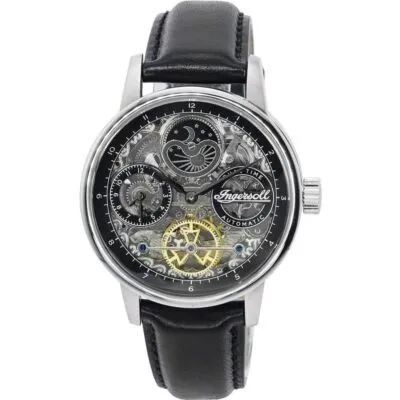 Ingersoll The Jazz Sun and Moon Phase Leather Strap Skeleton Silver Dial Automatic I07701 Men's Watch